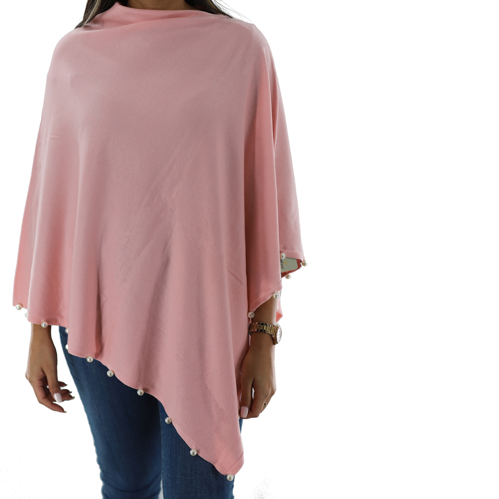 La Fiorentina Lightweight Knitted Poncho with Pearl Trim Border